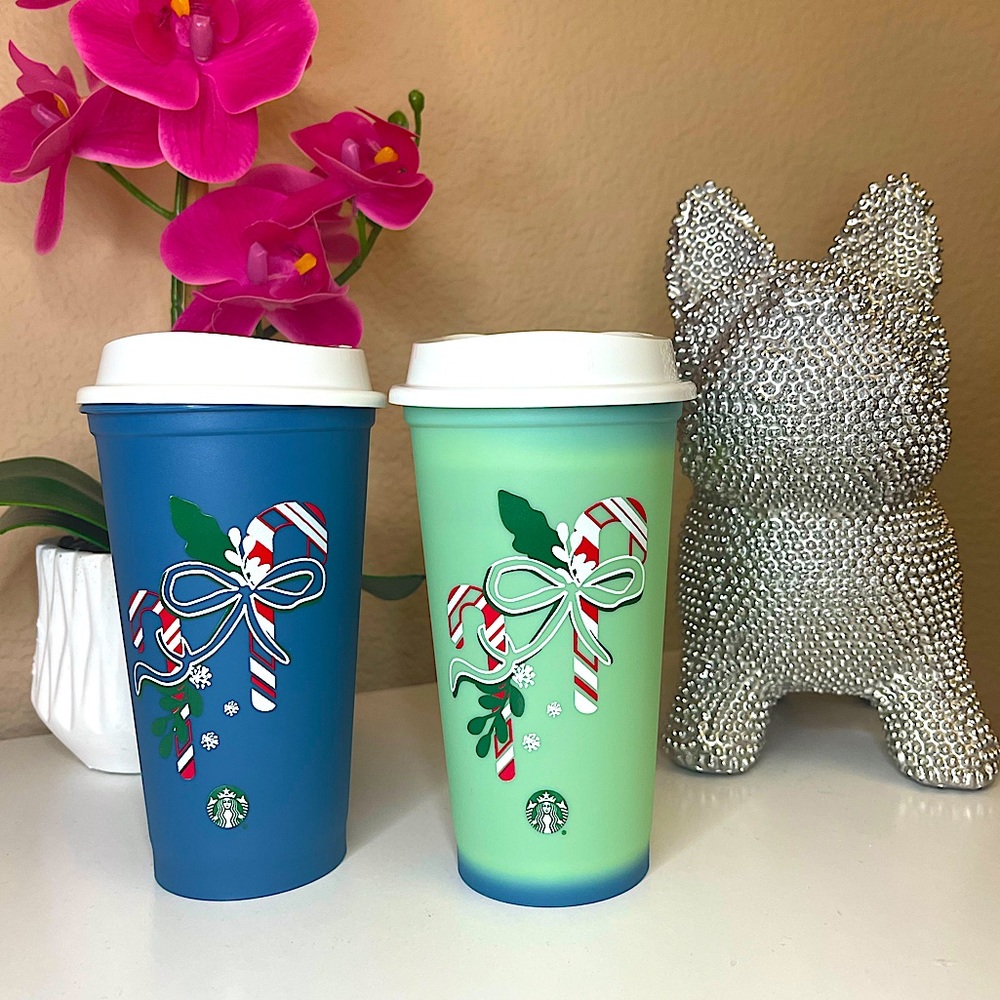 TWO💙Starbucks reusable cups☃️❄️❣️2 Color Changing Candy Cane Hot coffee Cups